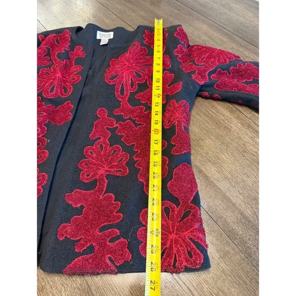Chicos Design Black Red Floral Embroidered‎ Wool Blend Jacket Size 1 - Picture 8 of 8